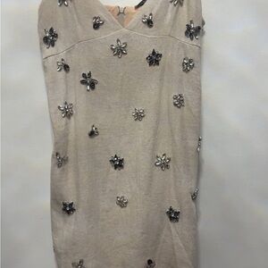 Elegant Cream Linen Floral Embellished Dress